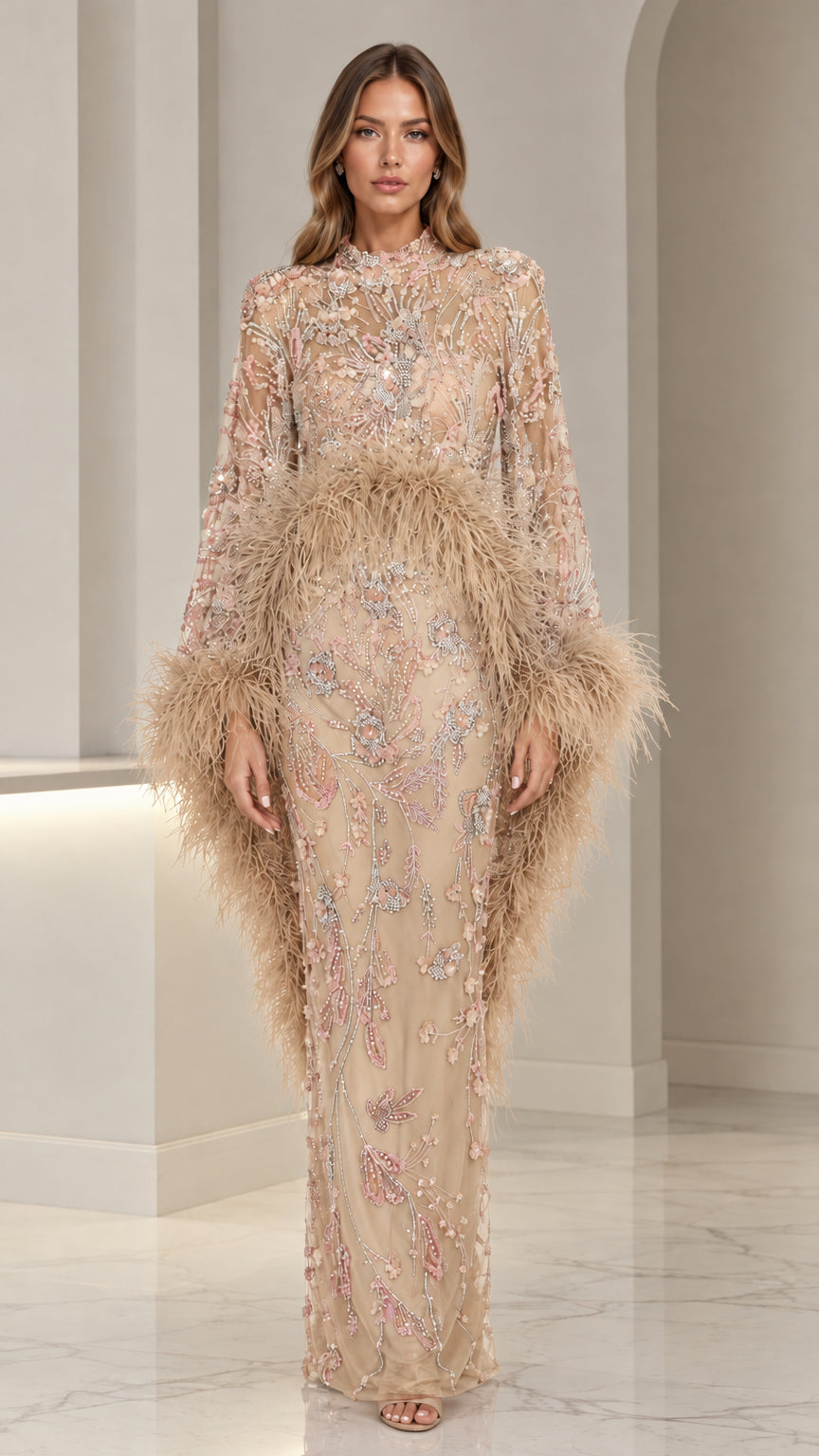 Woman wearing champagne nude embellished high-neck gown with feather trim