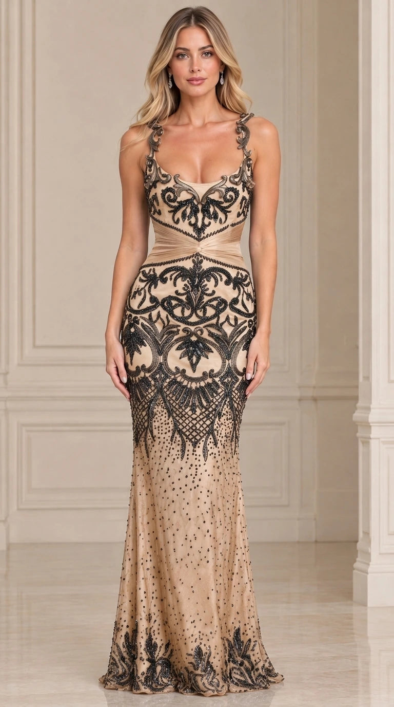 Model wearing champagne gold beaded scoop neck mermaid evening gown