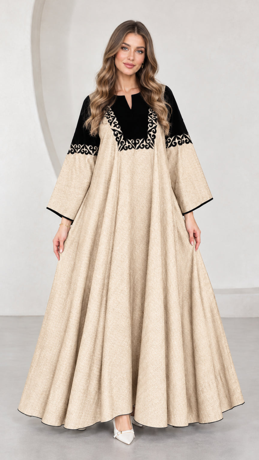 Front view of beige cream embroidered contrast yoke maxi dress