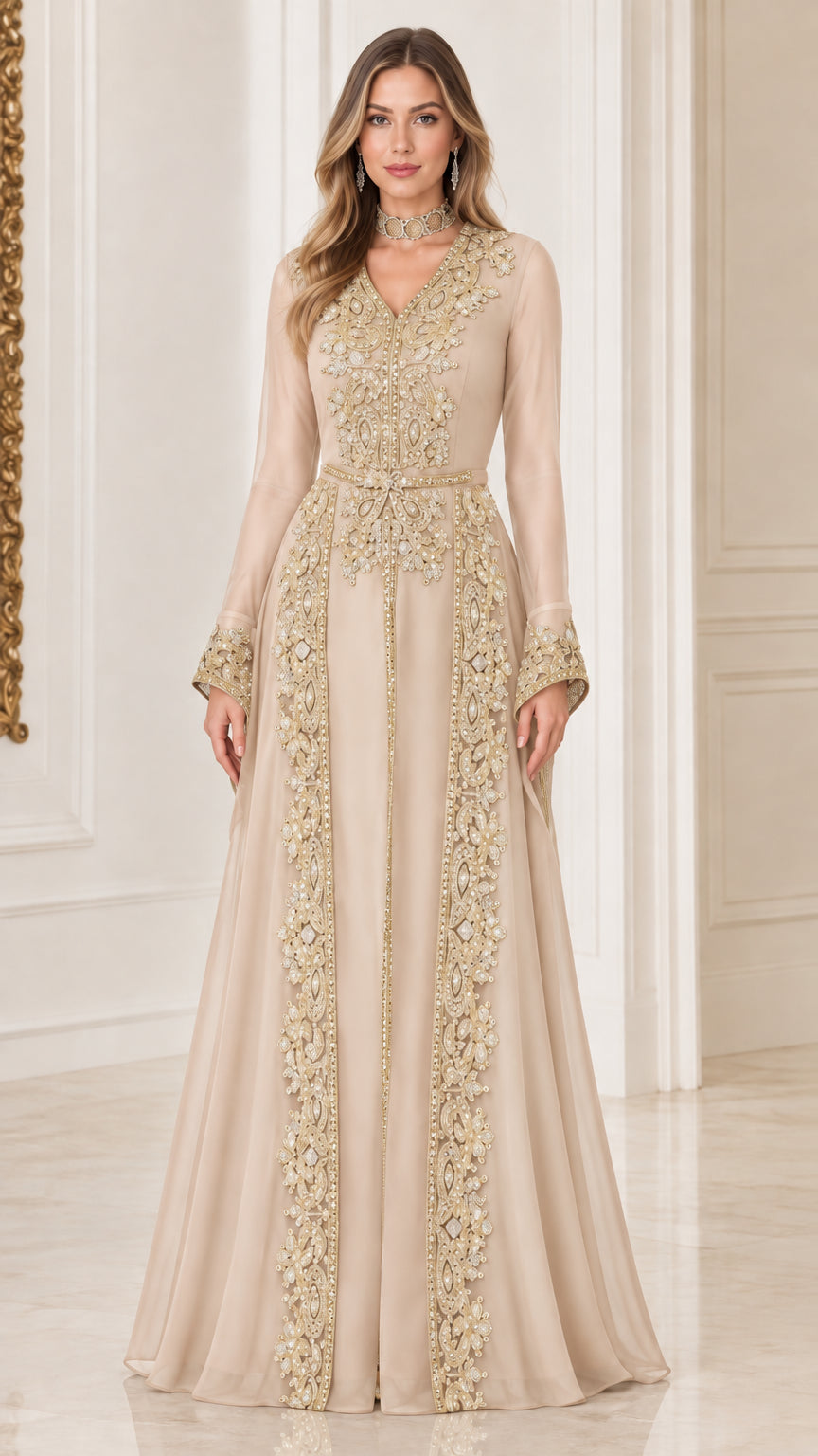 Champagne beige embroidered long sleeve formal caftan maxi gown