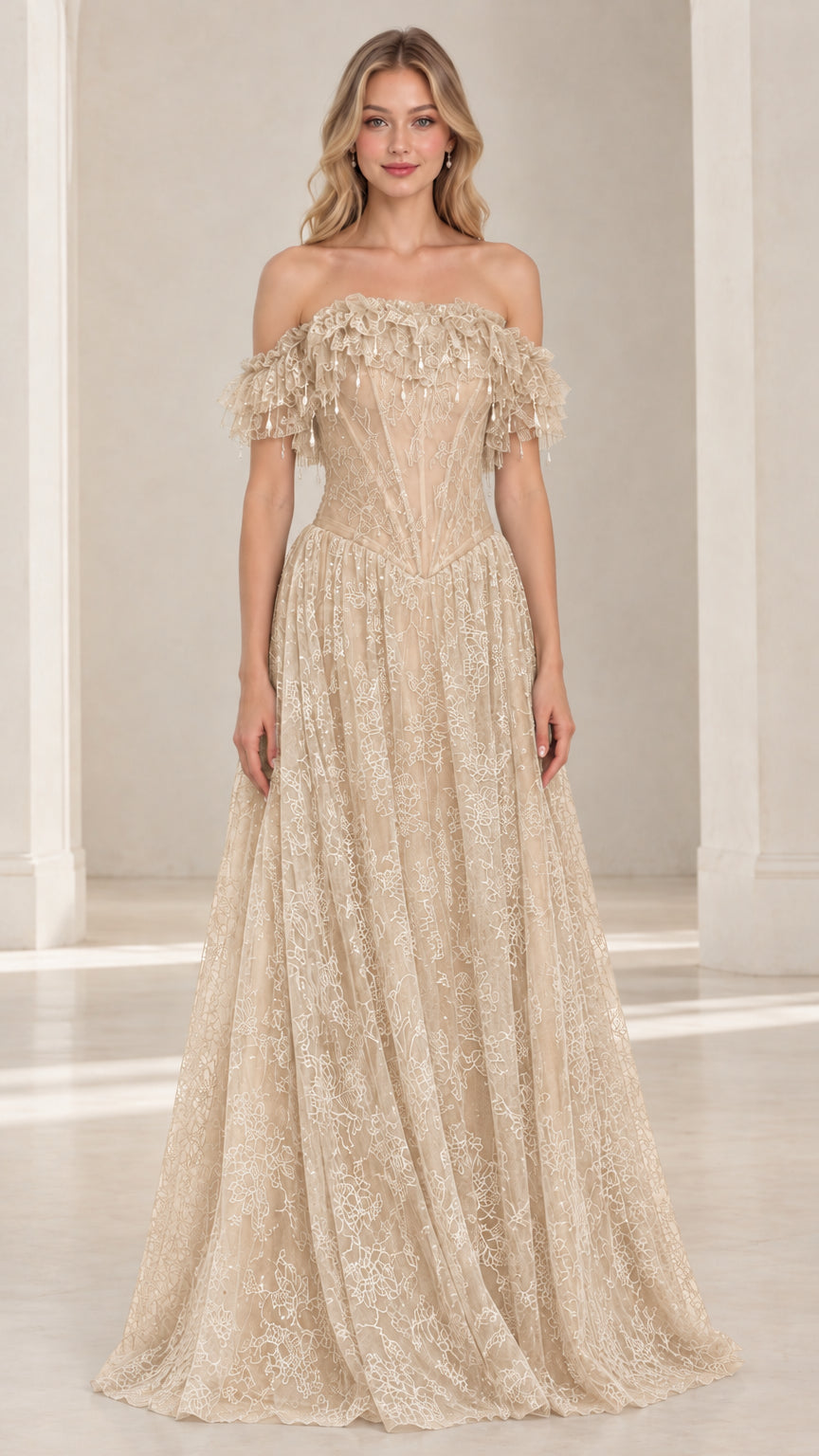 Champagne gold off-the-shoulder beaded lace evening gown