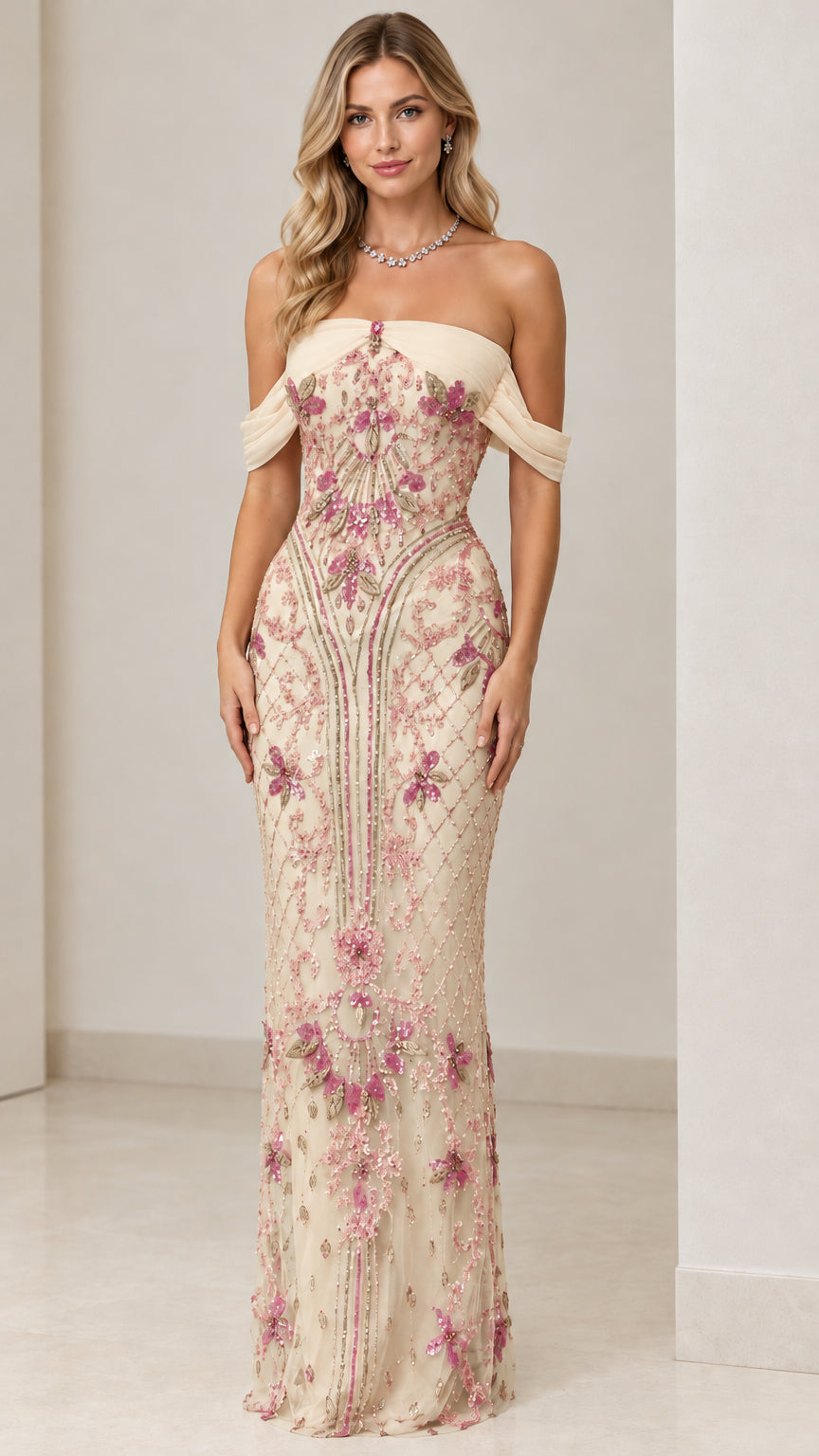 Model wearing Champagne off-shoulder beaded floral evening gown