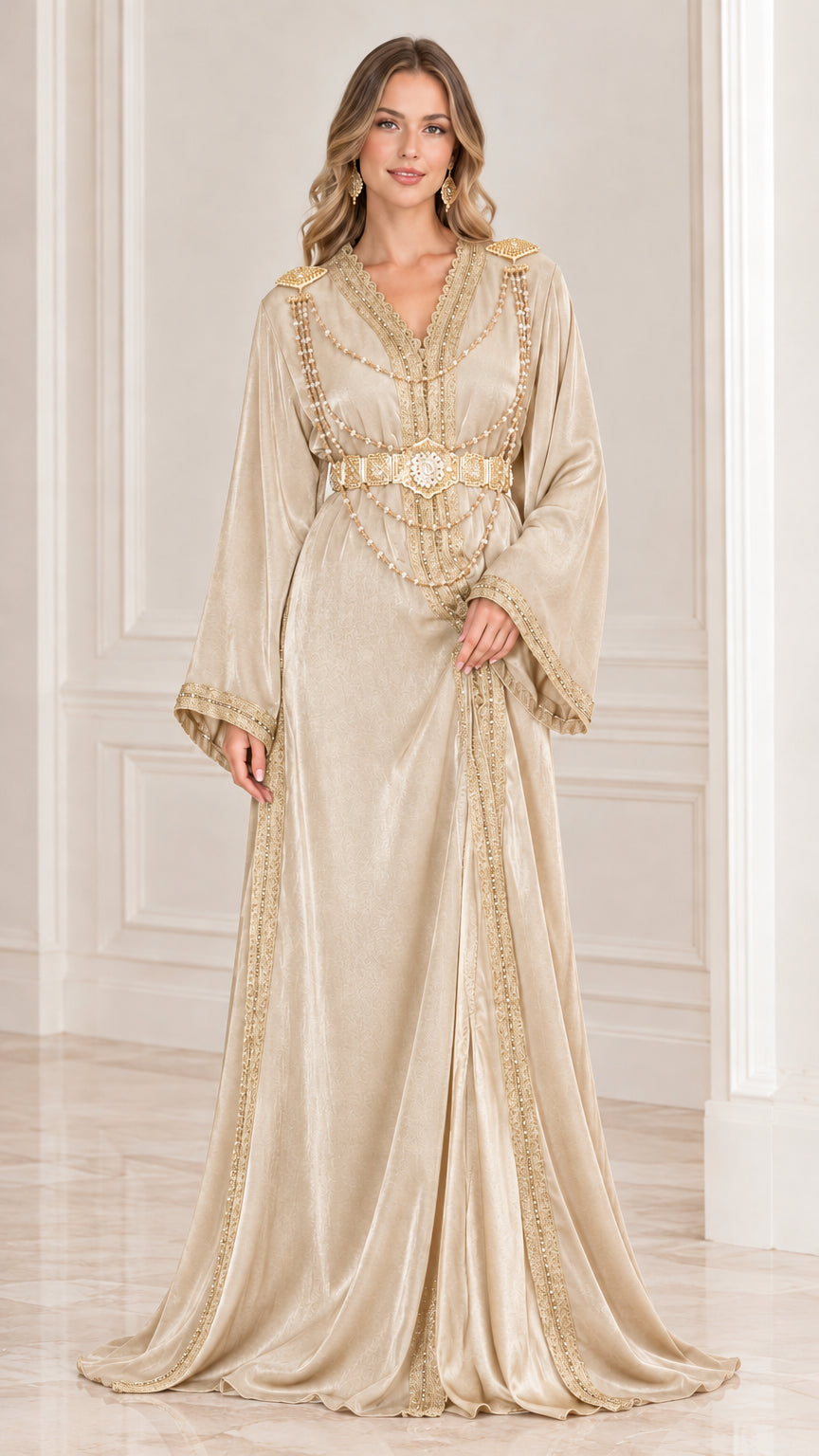 Champagne beige embellished kaftan maxi evening dress with gold beadwork