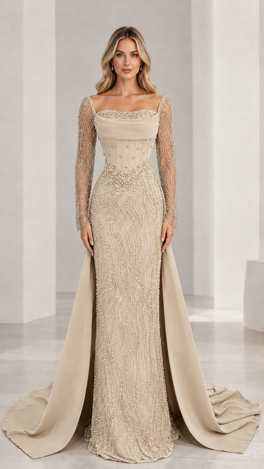 Champagne gold beaded formal dress with sheer sleeves and side overskirt