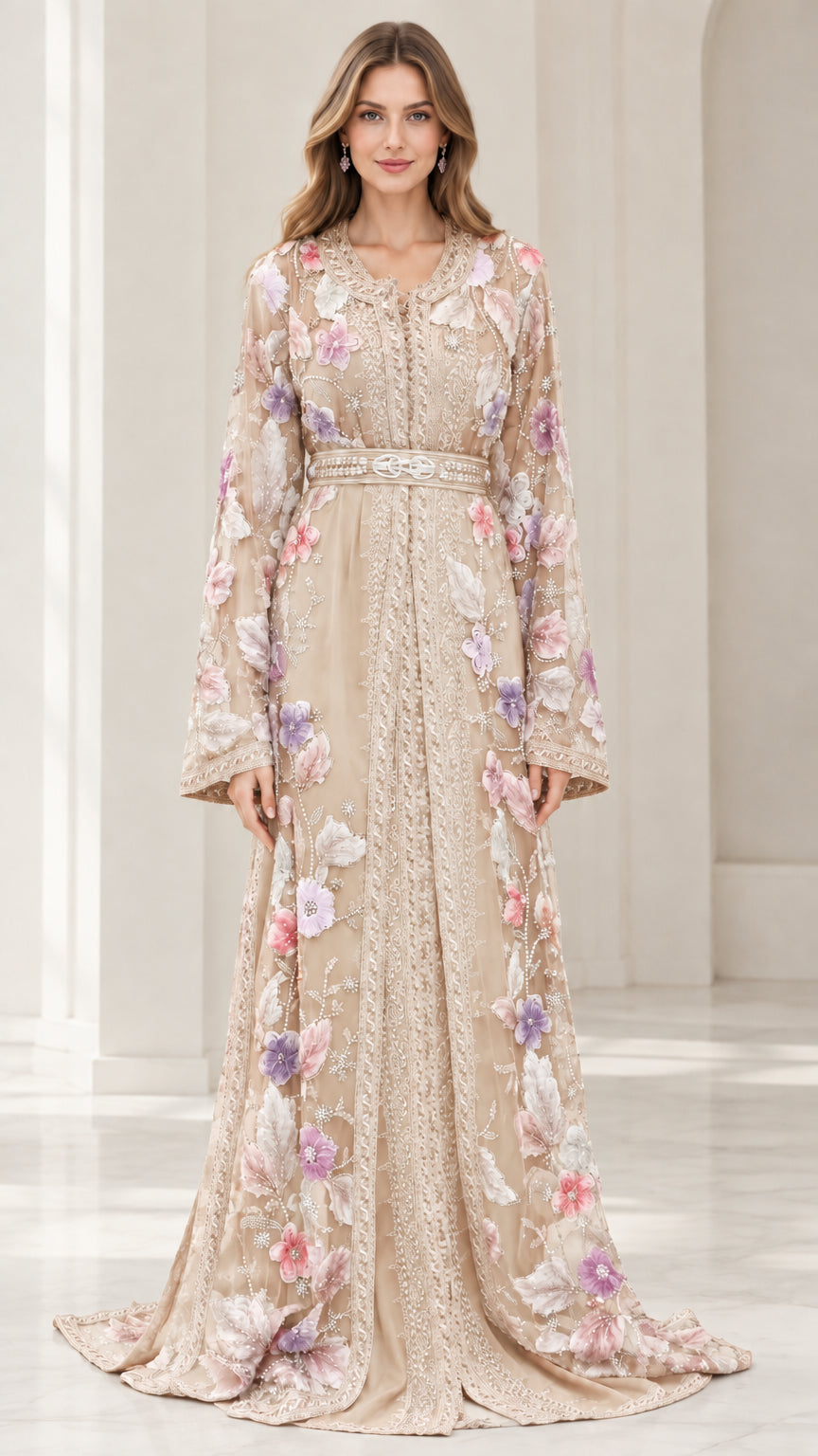 Full-length front view of champagne beige floral embroidered caftan evening gown with belt