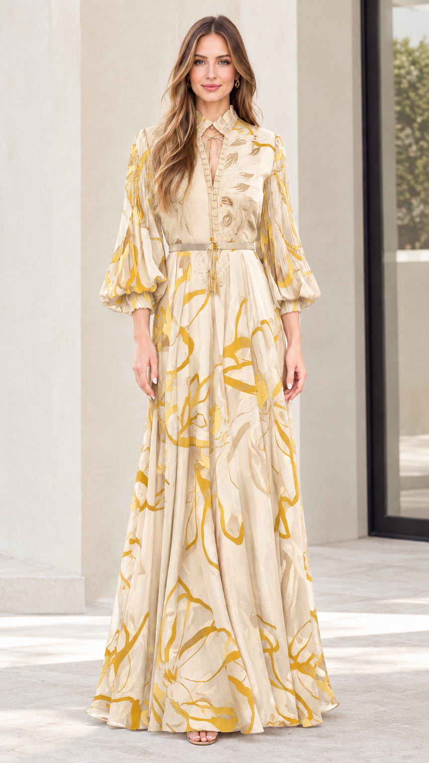 Model wearing champagne beige abstract print lantern sleeve maxi dress