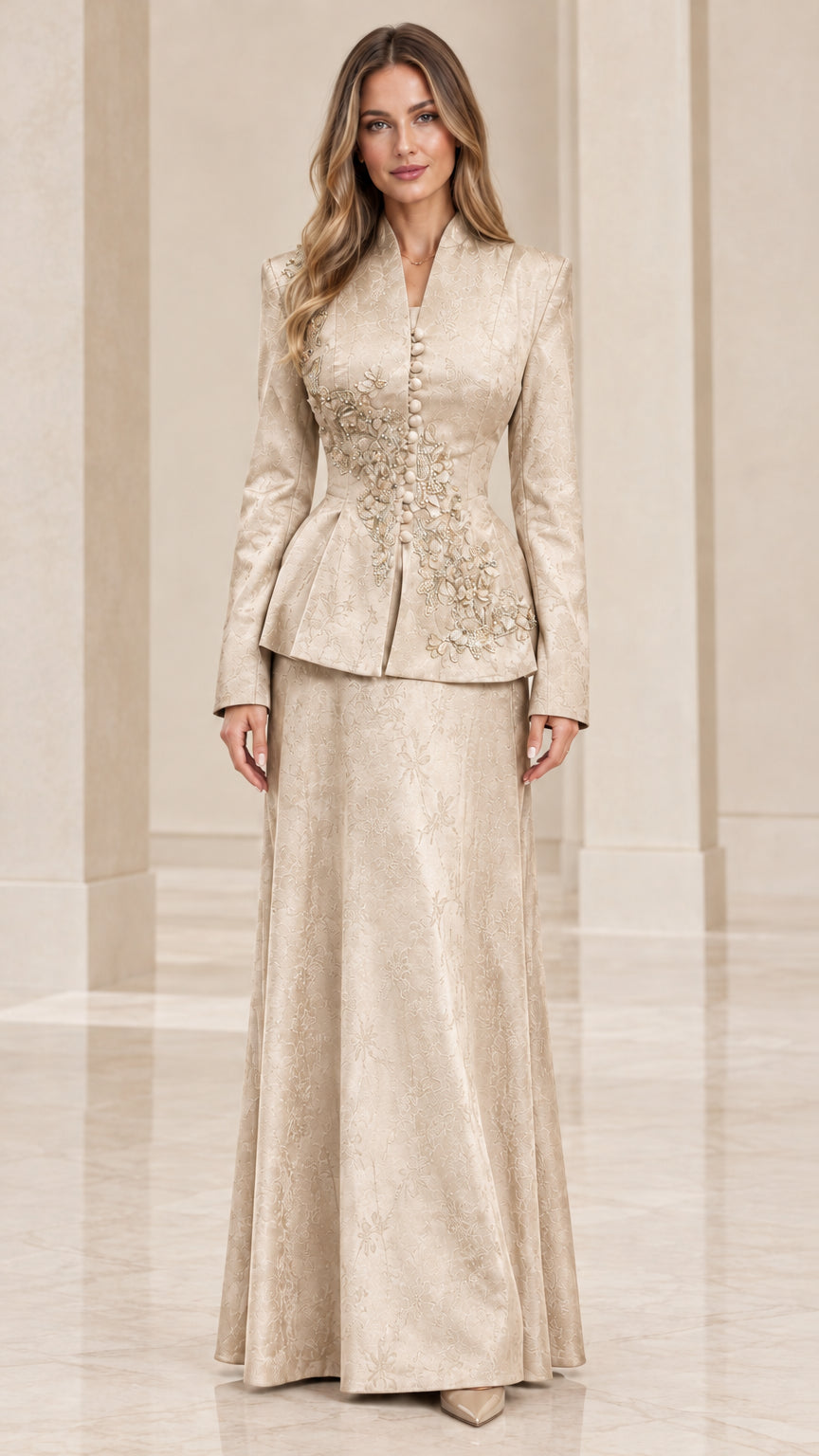 Champagne beige elegant embroidered peplum jacket and long skirt suit