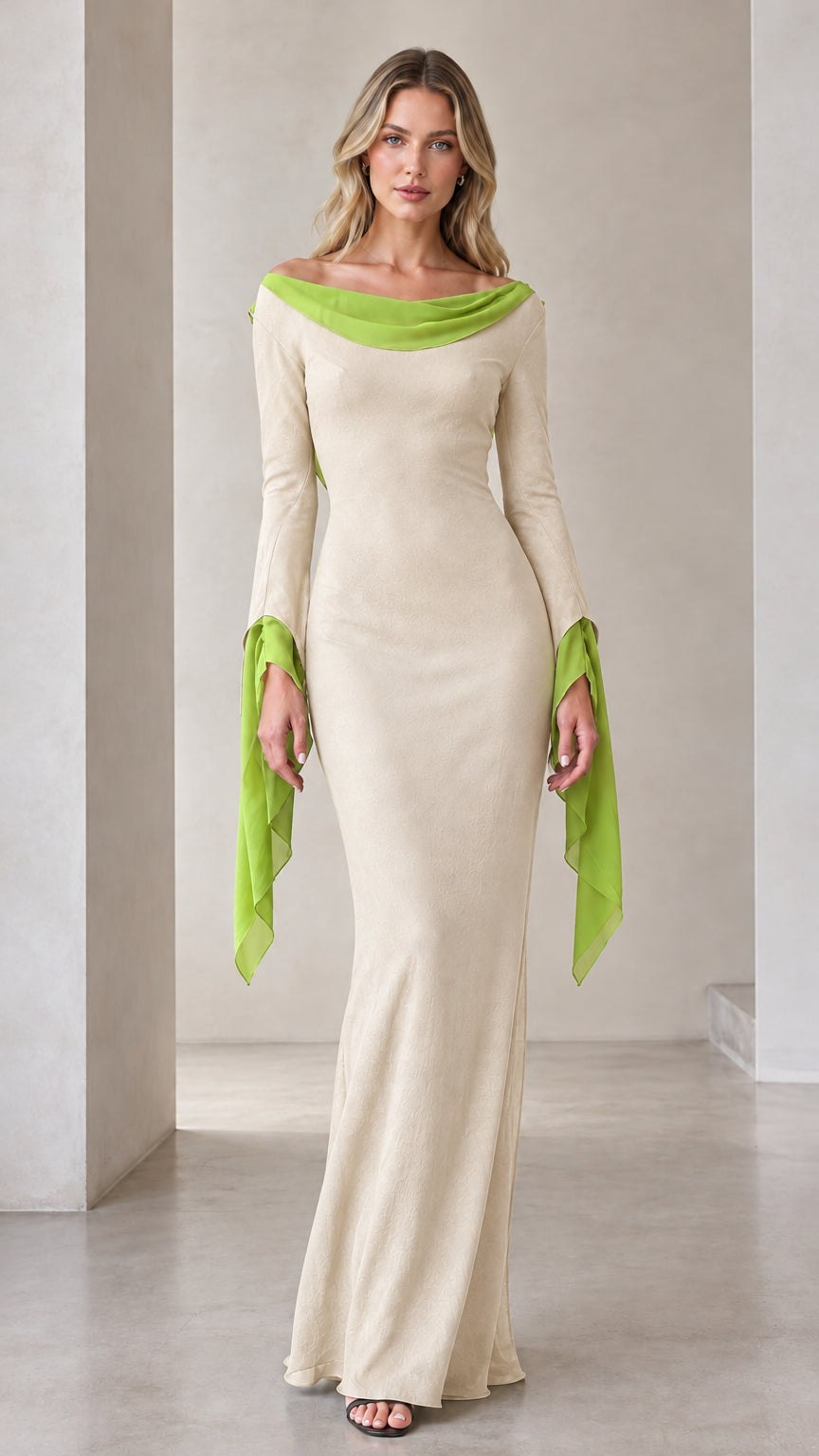 Champagne maxi dress with lime green cowl drape and backless cut