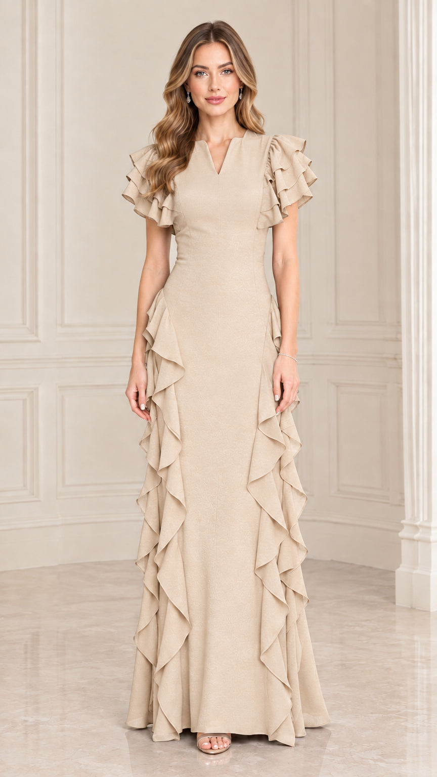 Front view of champagne beige tiered flutter sleeve cascading ruffle formal dress