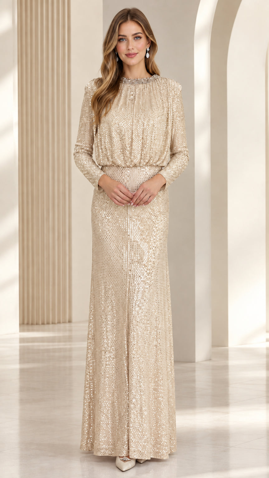 Front full-length view of the long sleeve sequin evening maxi dress in Champagne