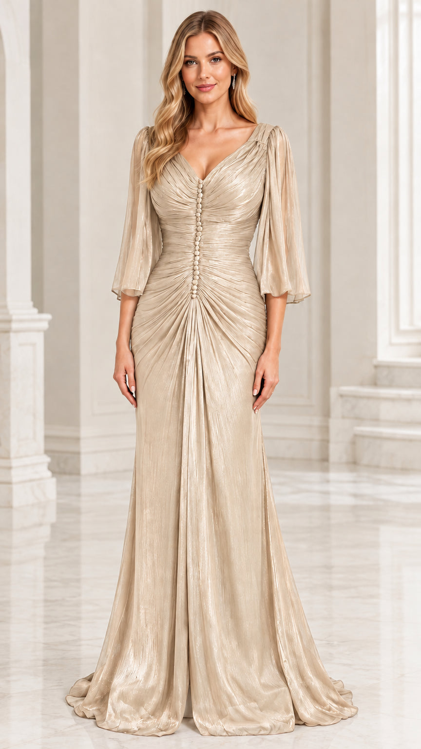 Front view of woman wearing Champagne gold ruched formal evening gown