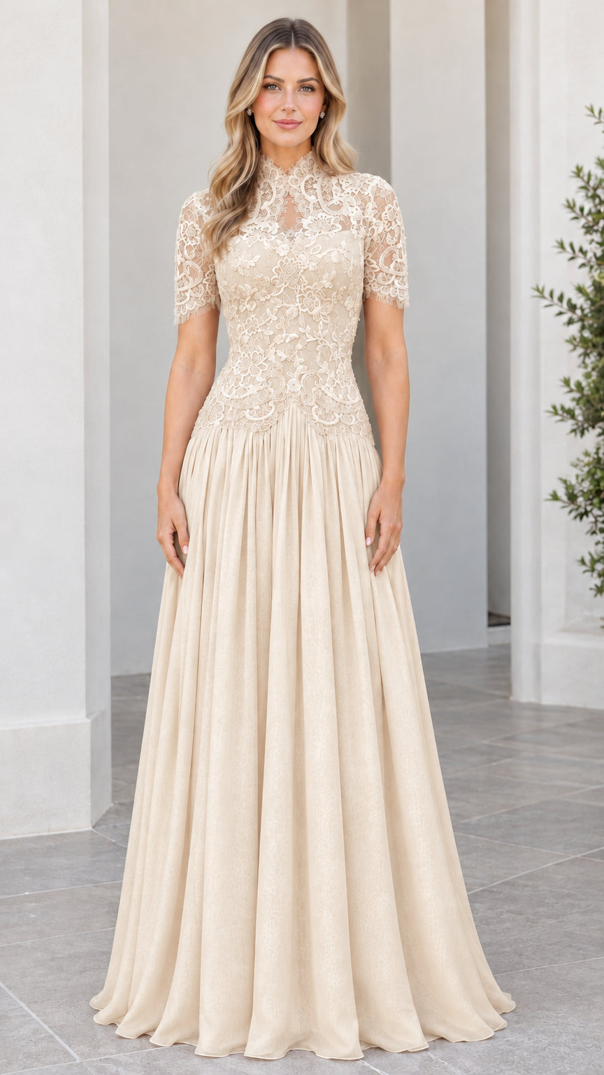 Model wearing Champagne beige high neck lace bodice formal maxi dress