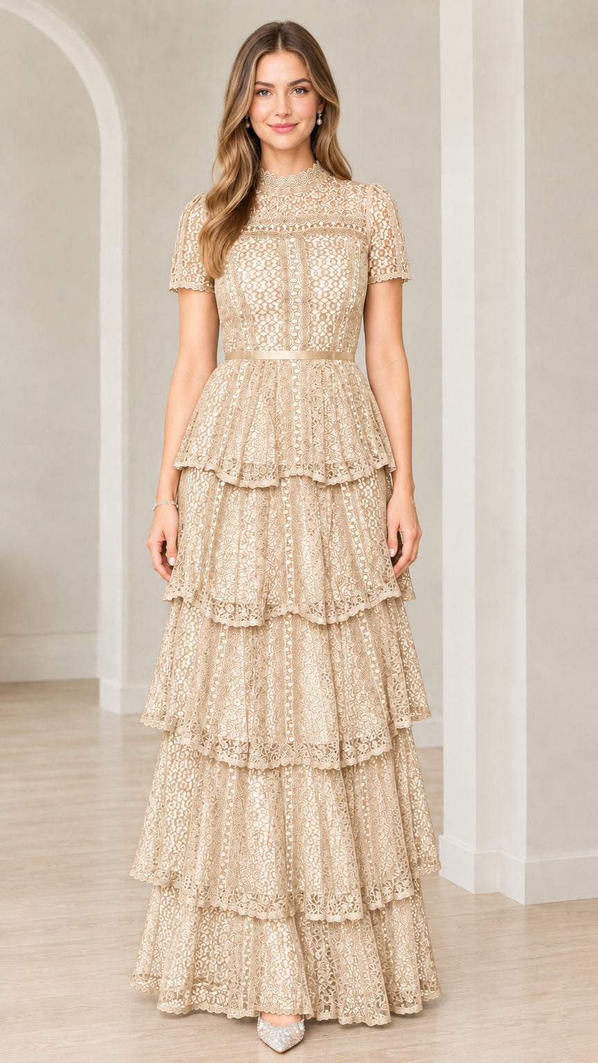 Front view of model wearing Champagne short sleeve tiered lace evening maxi dress
