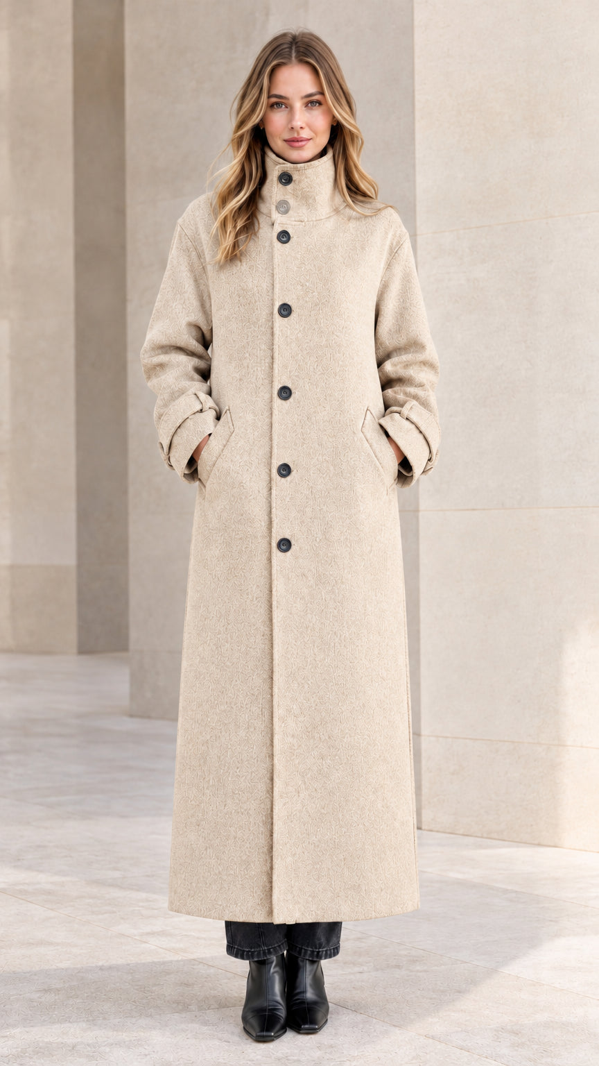 Front view of woman wearing oatmeal cream full-length button front overcoat