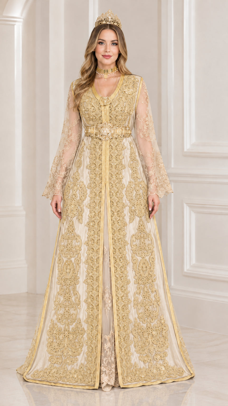 Champagne gold velvet embroidered formal kaftan maxi gown