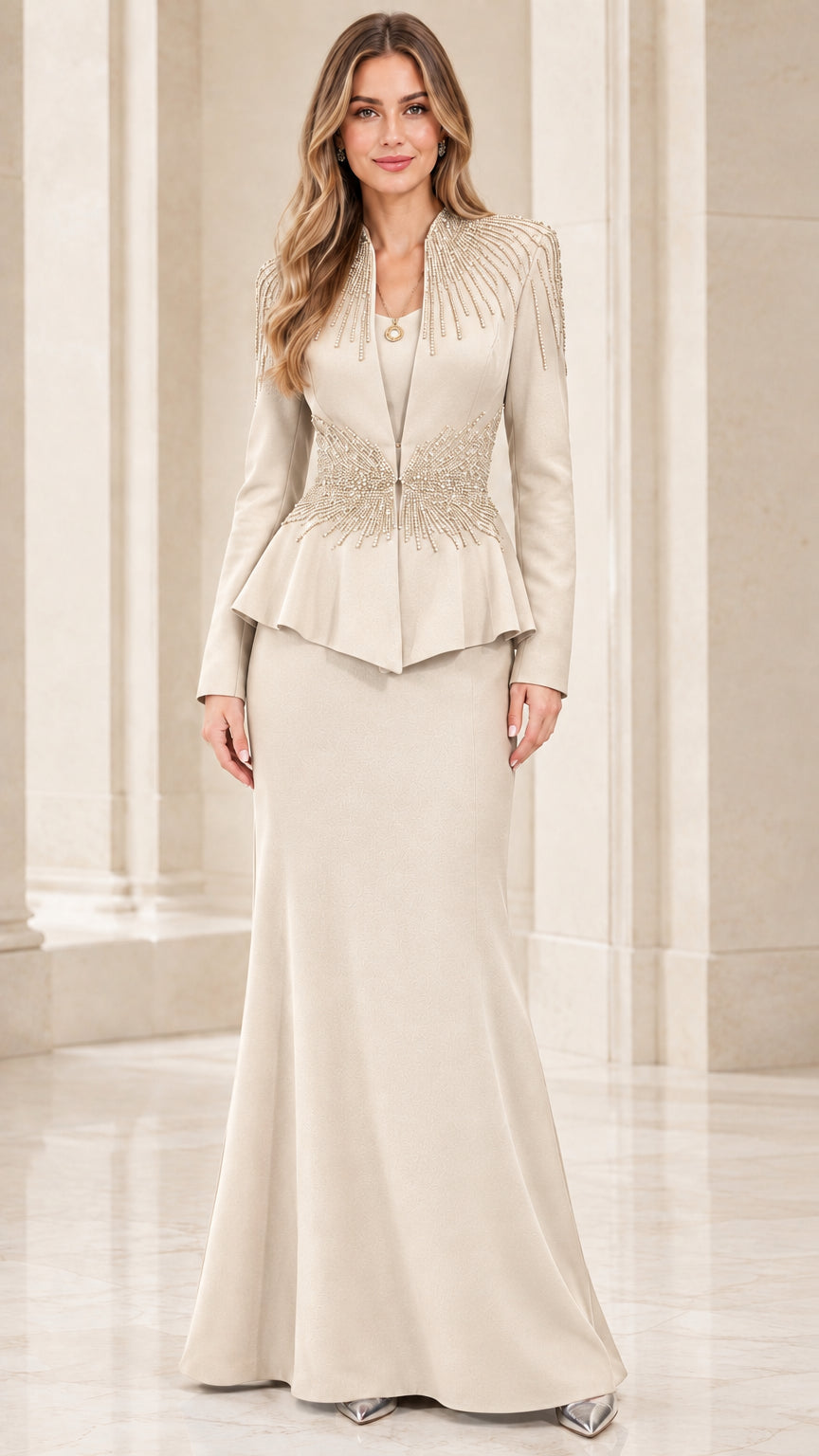 Champagne ivory beaded peplum mother of the bride gown set