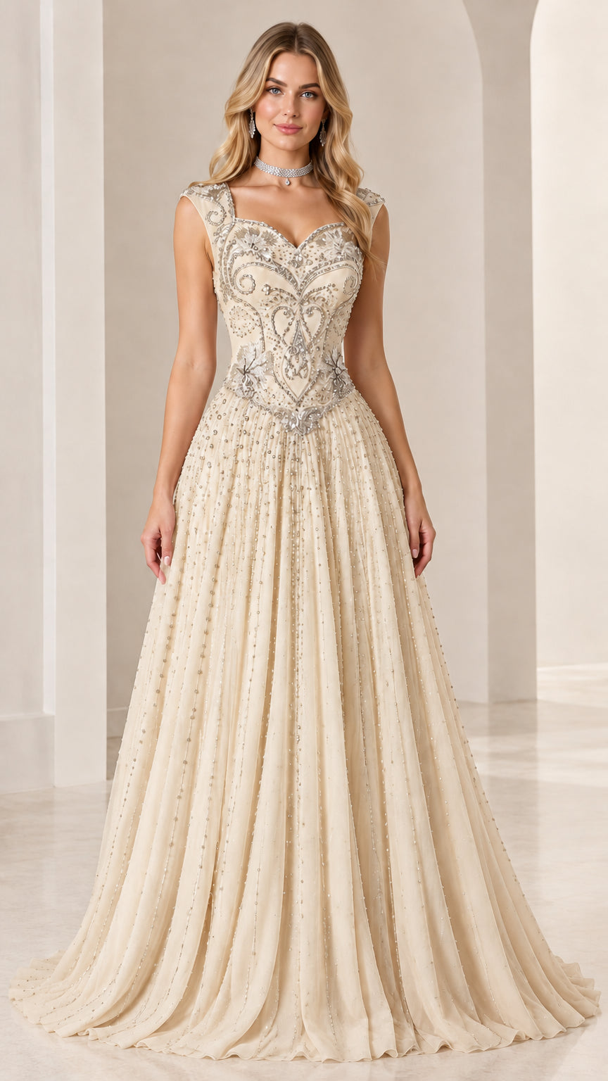 Front view of champagne beaded sleeveless A-line floor-length evening dress