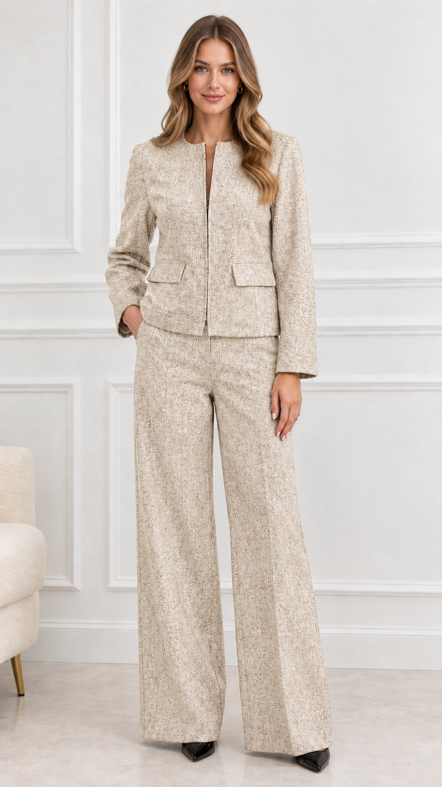 Model wearing Oatmeal Beige textured tweed two-piece pant suit set
