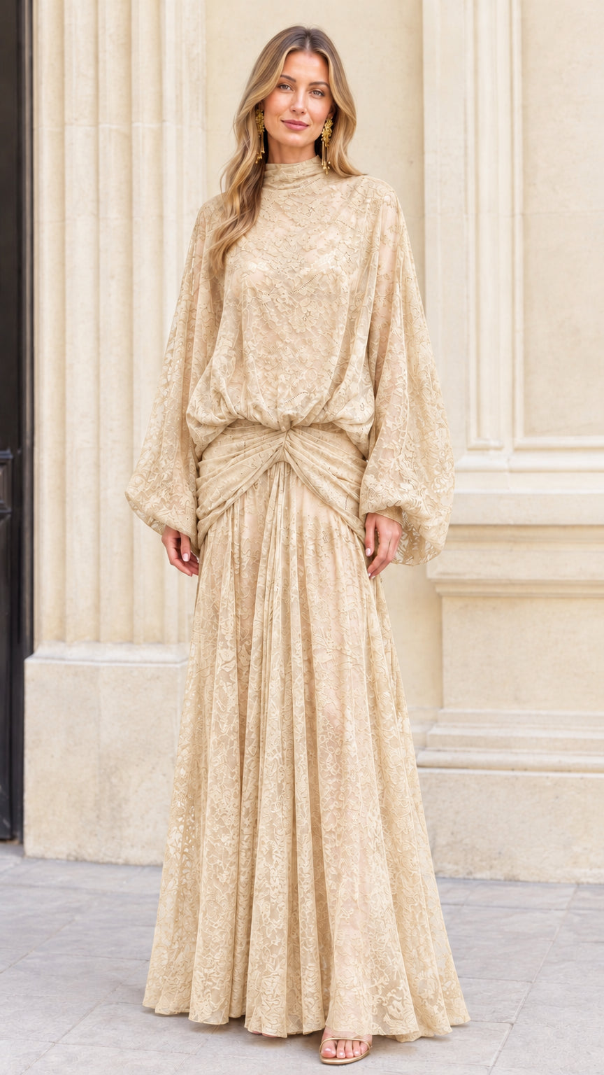 Model wearing chic Champagne beige high neck lace maxi dress