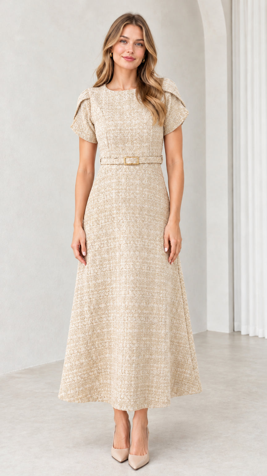 Front view of beige textured tweed belted A-line midi dress