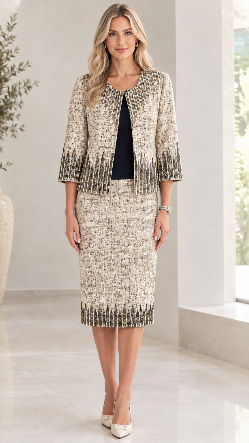 Front view of women wearing champagne beige tweed two-piece skirt suit set