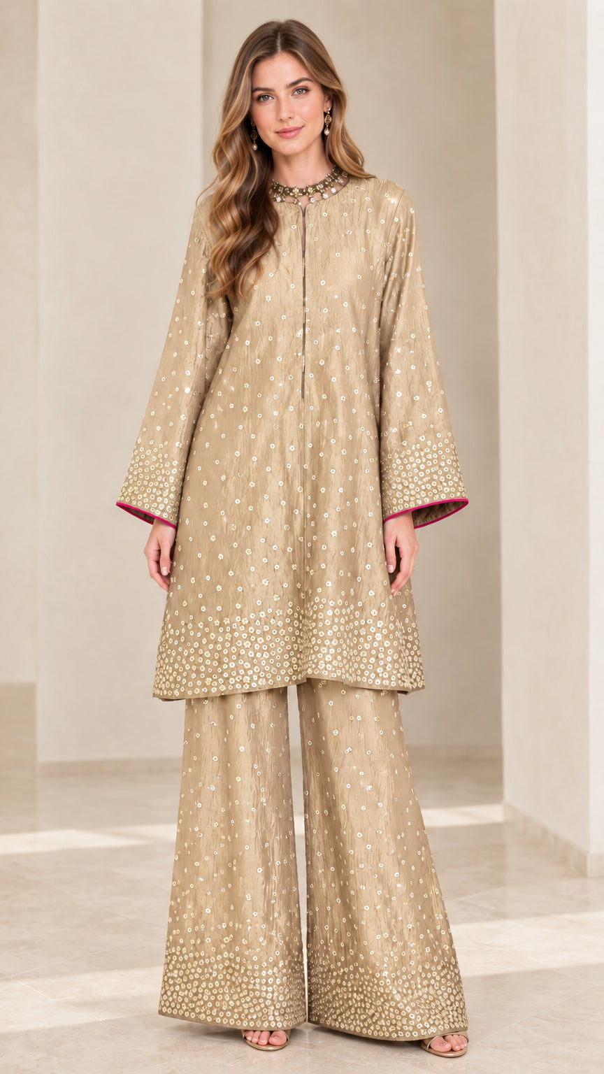Model wearing Champagne gold embellished tunic top and matching palazzo pants