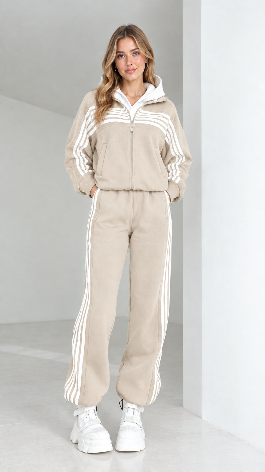Woman wearing beige oatmeal striped 2-piece hooded tracksuit set