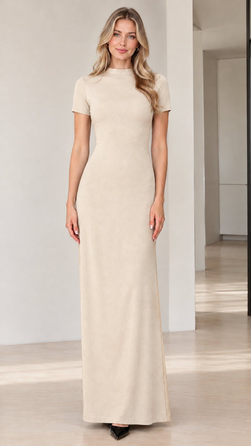 Front view of model wearing Beige champagne mock neck short sleeve maxi dress