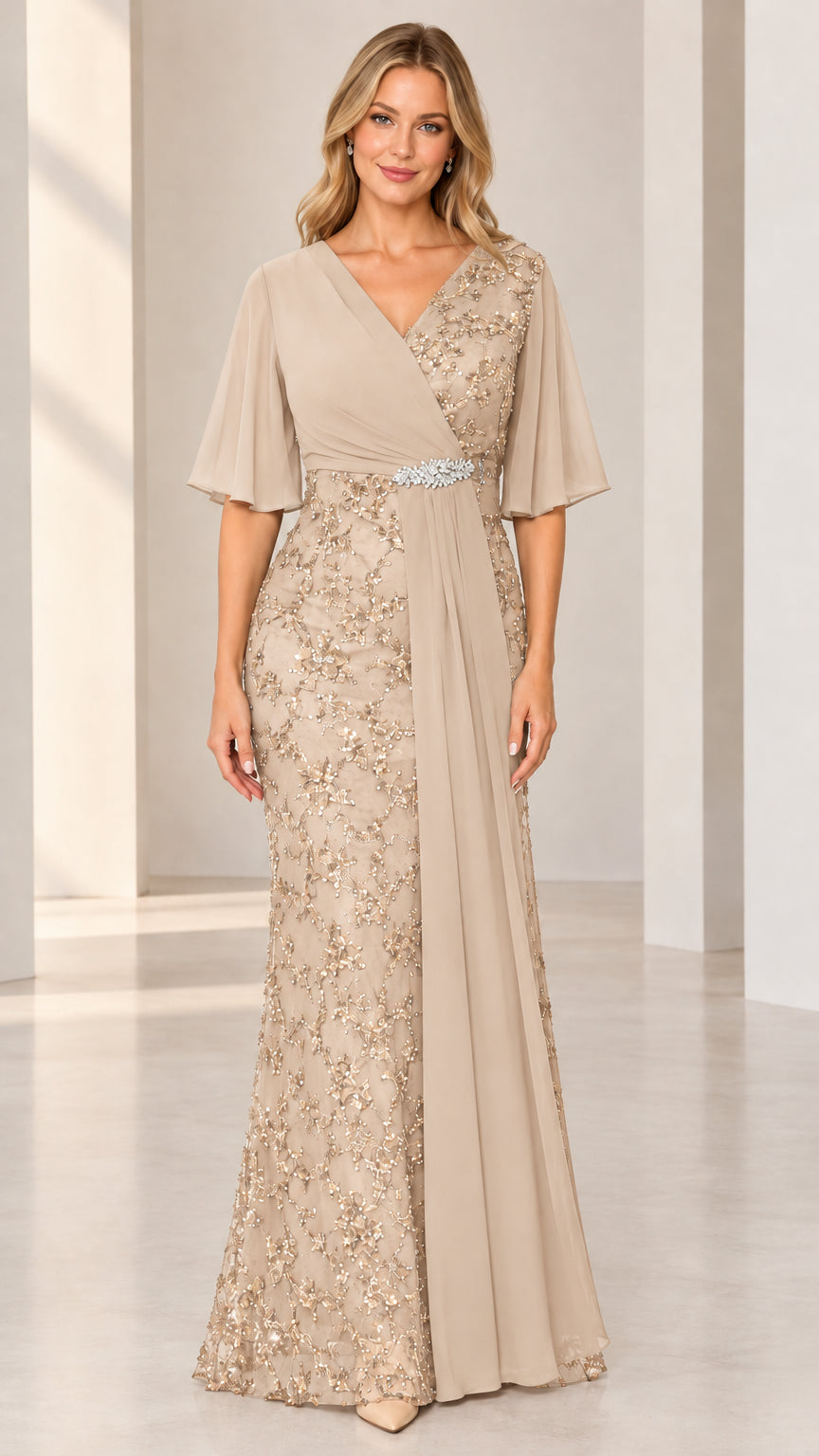 Front full-length view of champagne sequin embroidered maxi gown with flutter sleeves