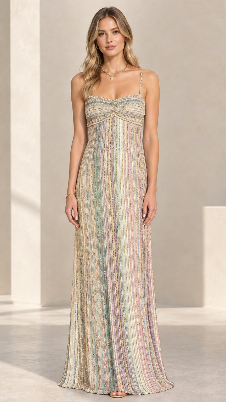 Model wearing the champagne gold multi shimmer sweetheart evening maxi dress