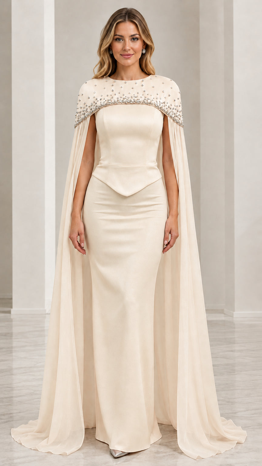 Model wearing champagne ivory beaded cape formal gown