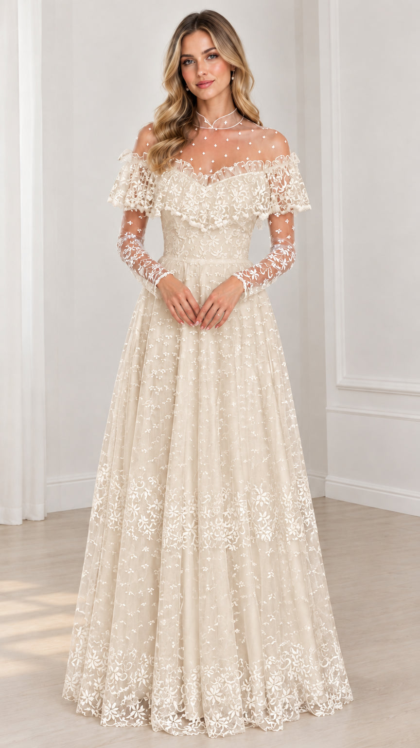 Front full view of champagne cream illusion lace long sleeve maxi gown