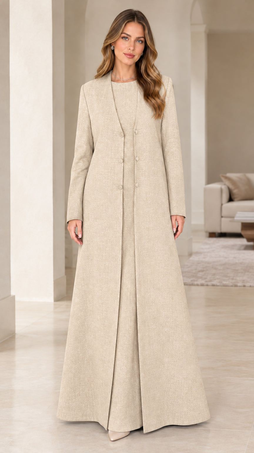 Front view of beige champagne two-piece modest maxi dress and coat set