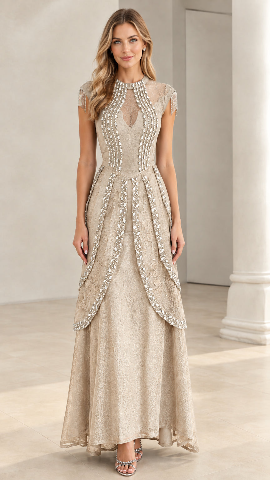 Champagne gold lace formal evening gown with crystal trim and fringe sleeves