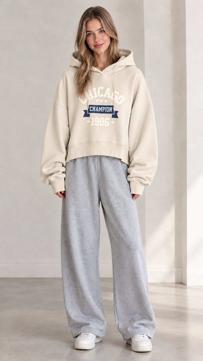 Front view of woman wearing Cream Chicago graphic cropped hoodie