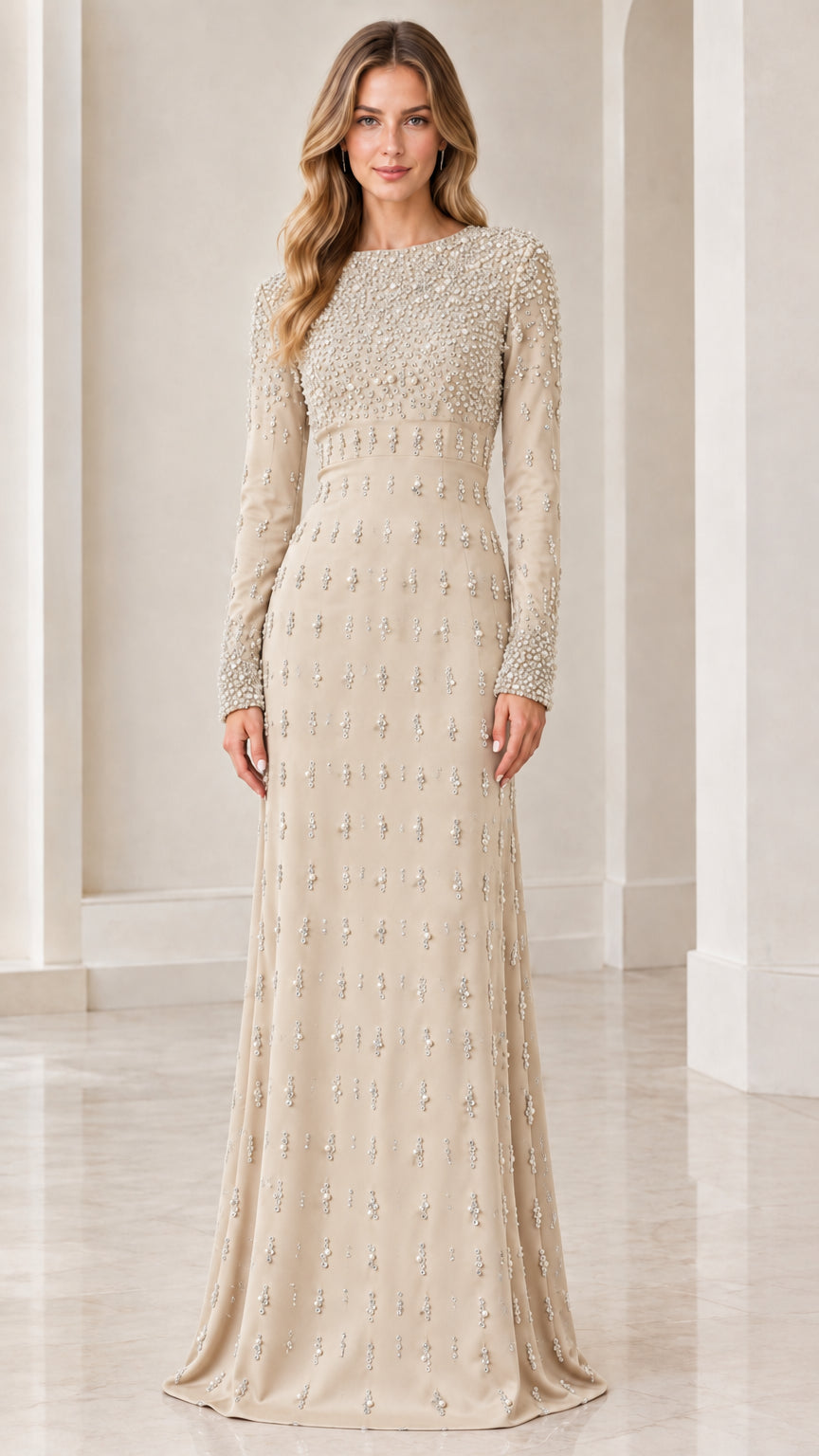 Front view of woman wearing Champagne beaded long-sleeve maxi evening dress