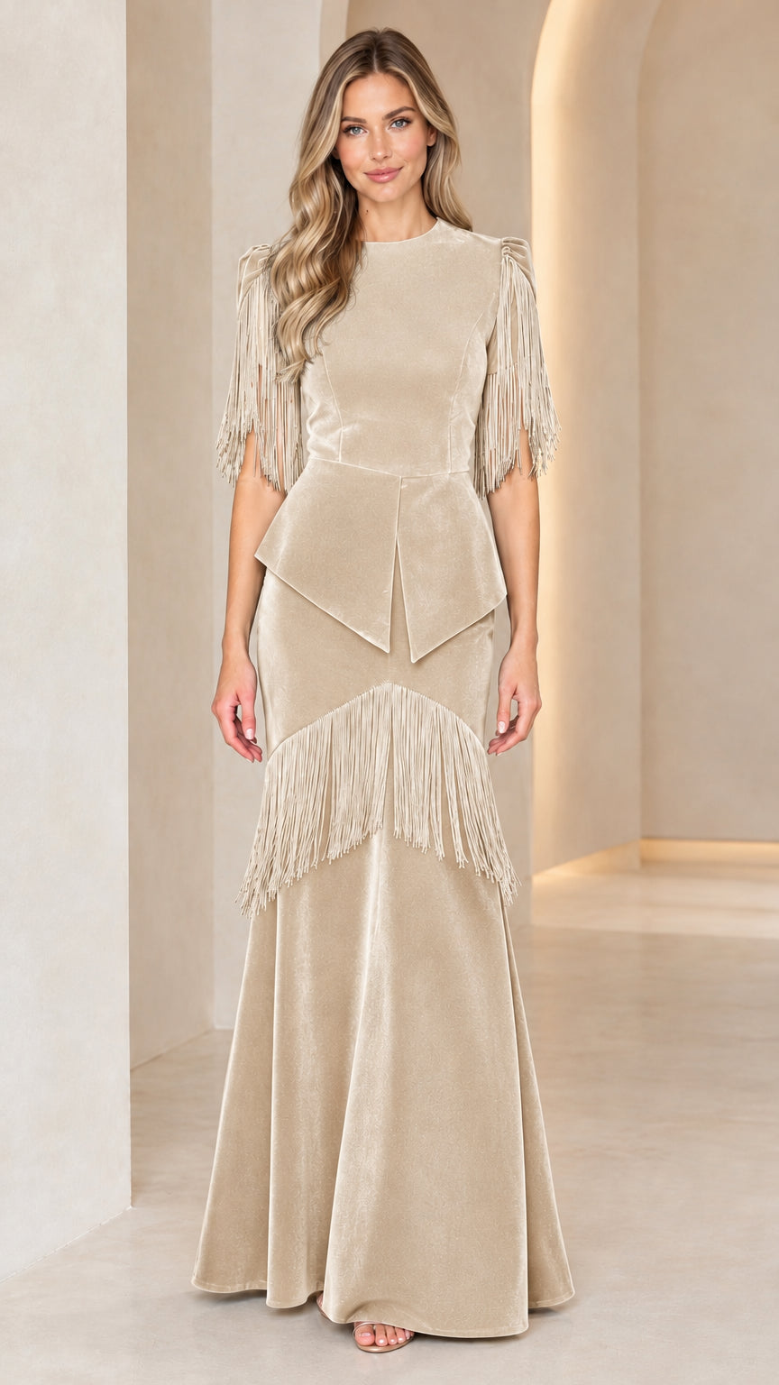 Champagne taupe velvet fringe peplum evening maxi dress full-length view