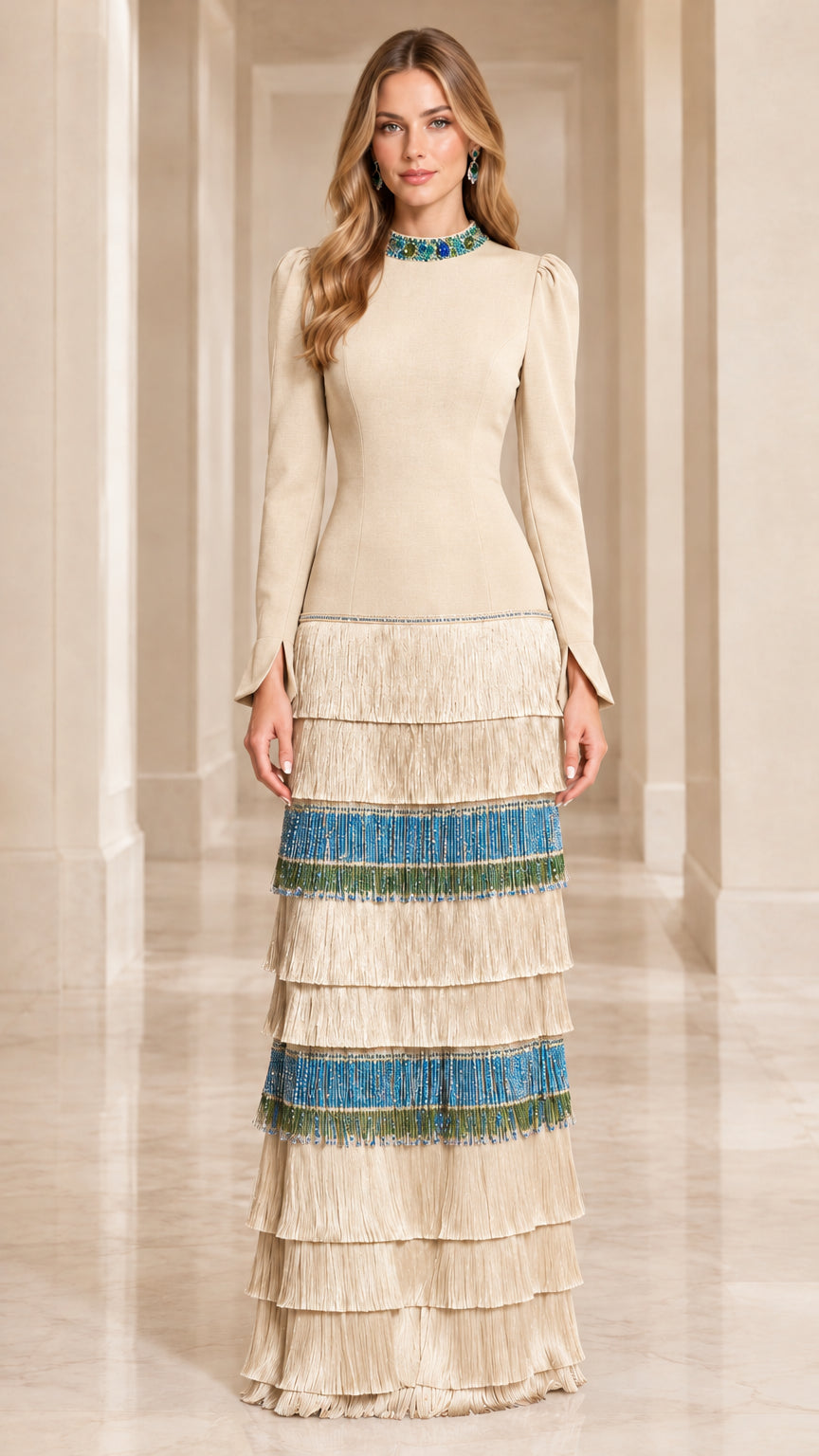 Front view of model wearing Champagne beige and blue tiered fringe evening dress