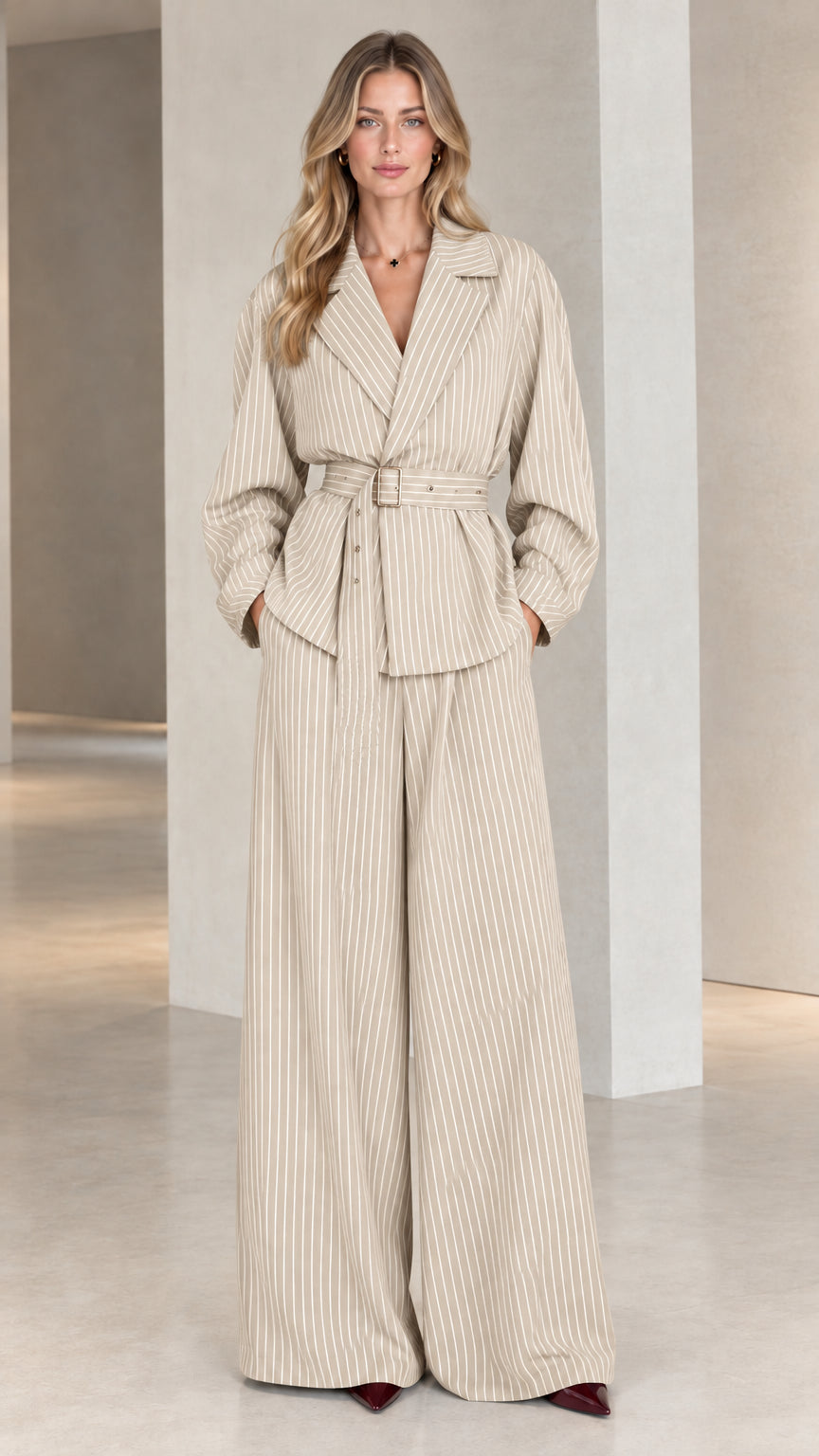 Model wearing Beige pinstripe belted blazer top and tailored wide leg pants set
