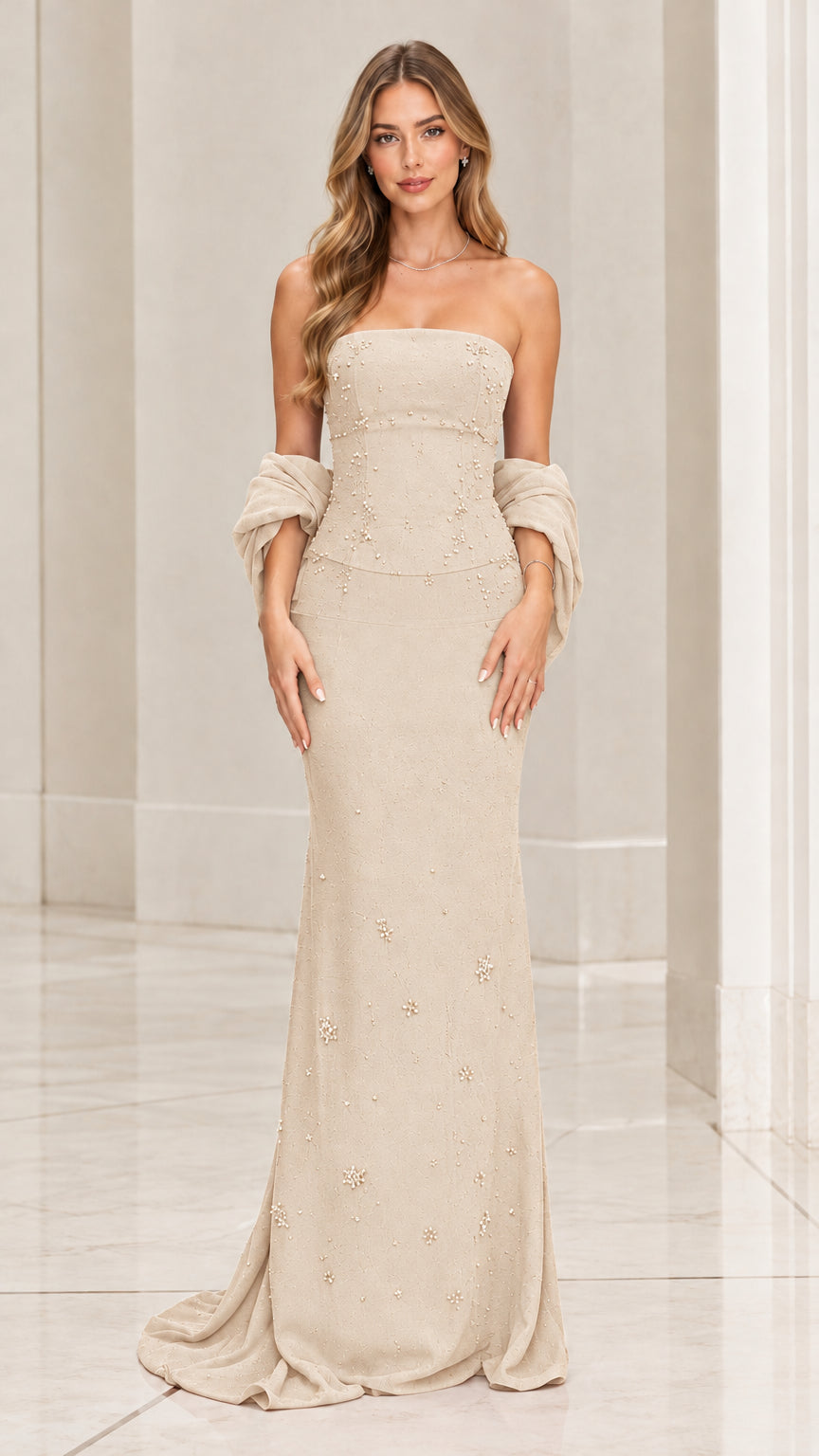 Champagne beige strapless beaded formal gown with matching wrap