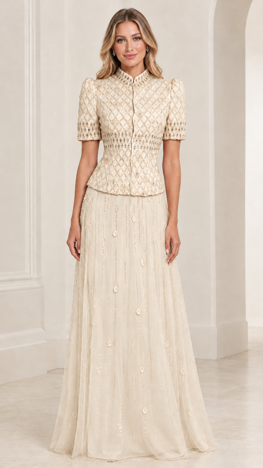 Champagne high neck formal dress with embroidered bodice and tulle skirt