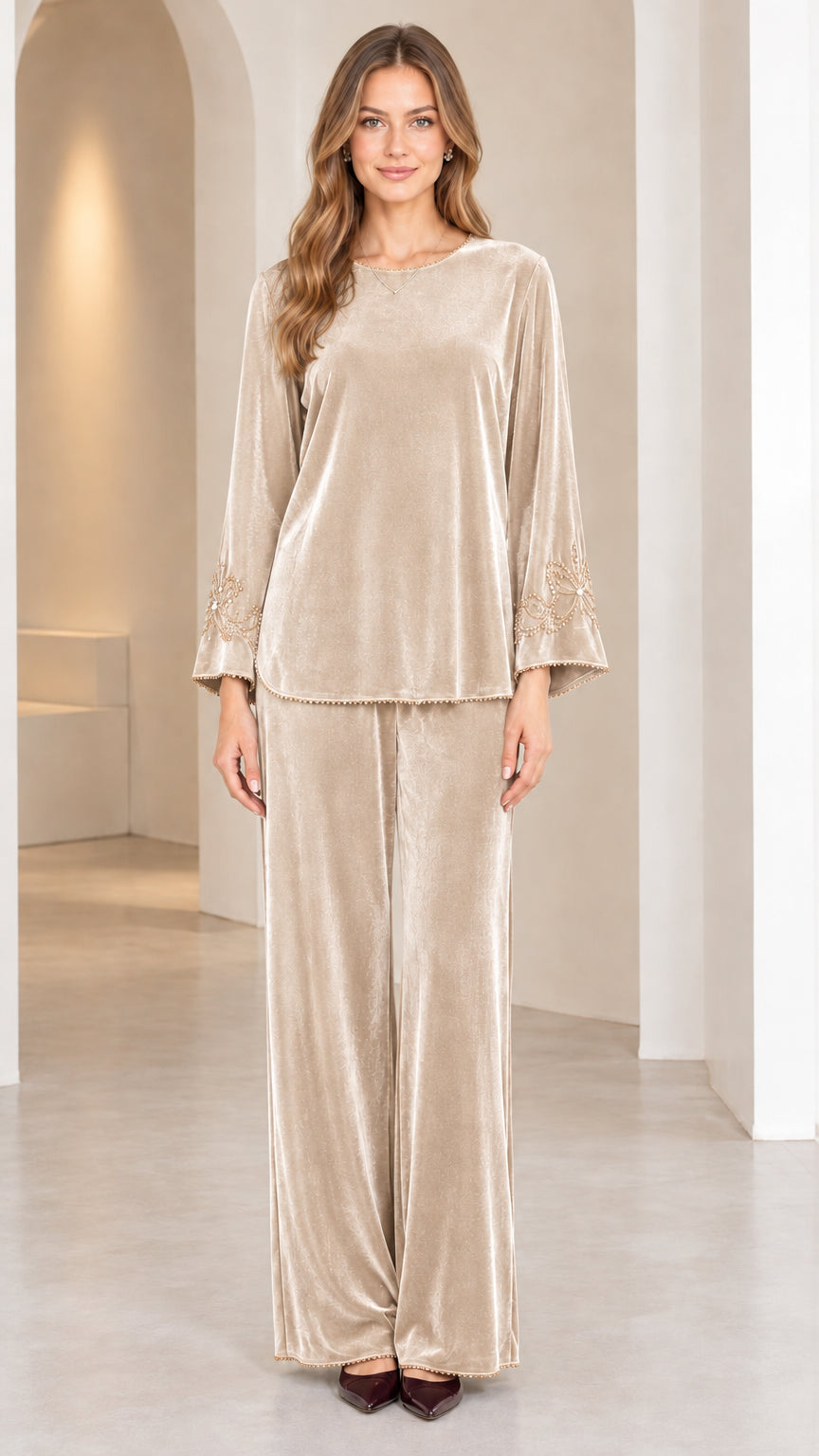Model wearing Champagne beige velvet two-piece coordinated set