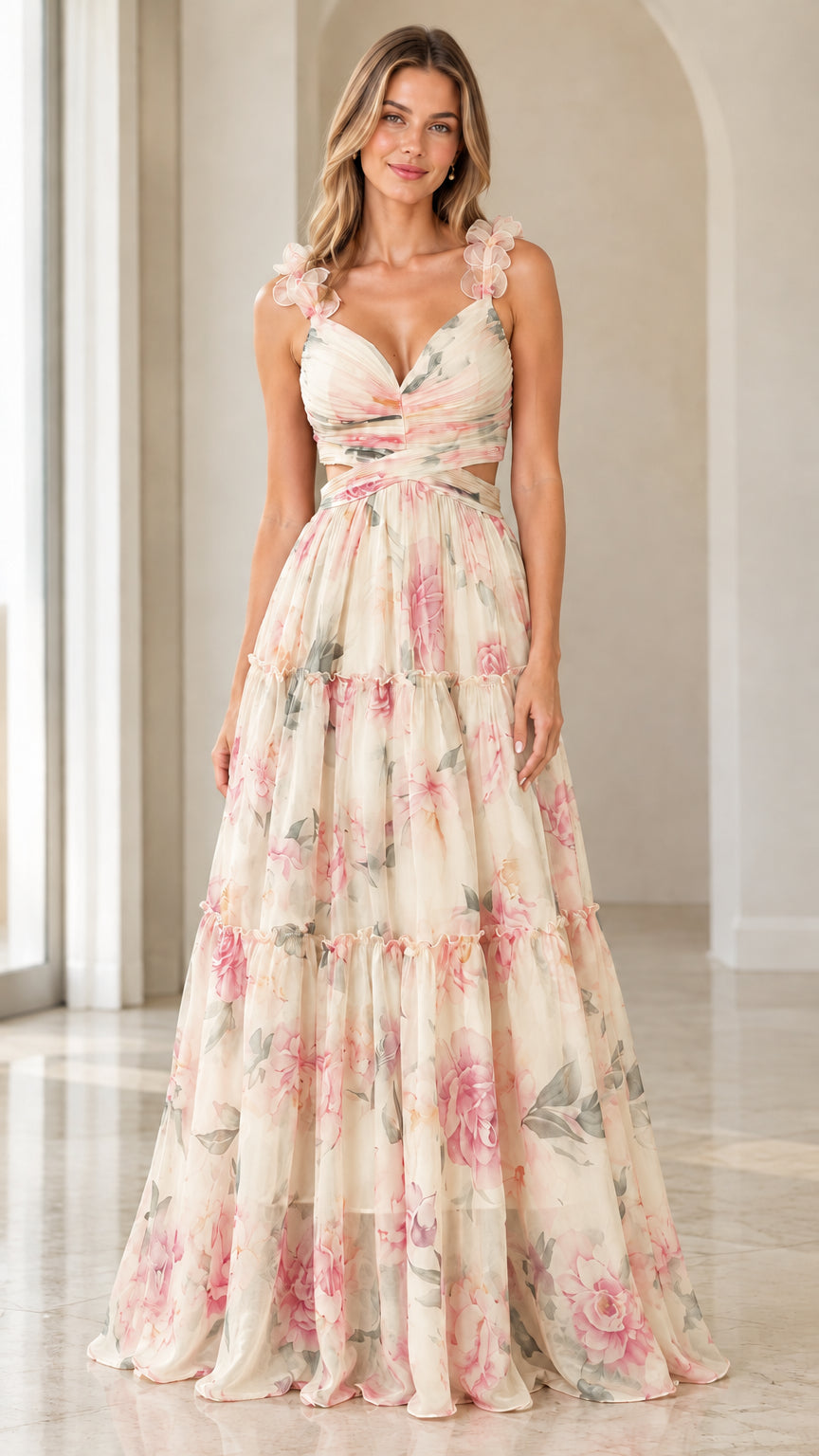 Front view of cream ivory floral print tiered cutout maxi dress