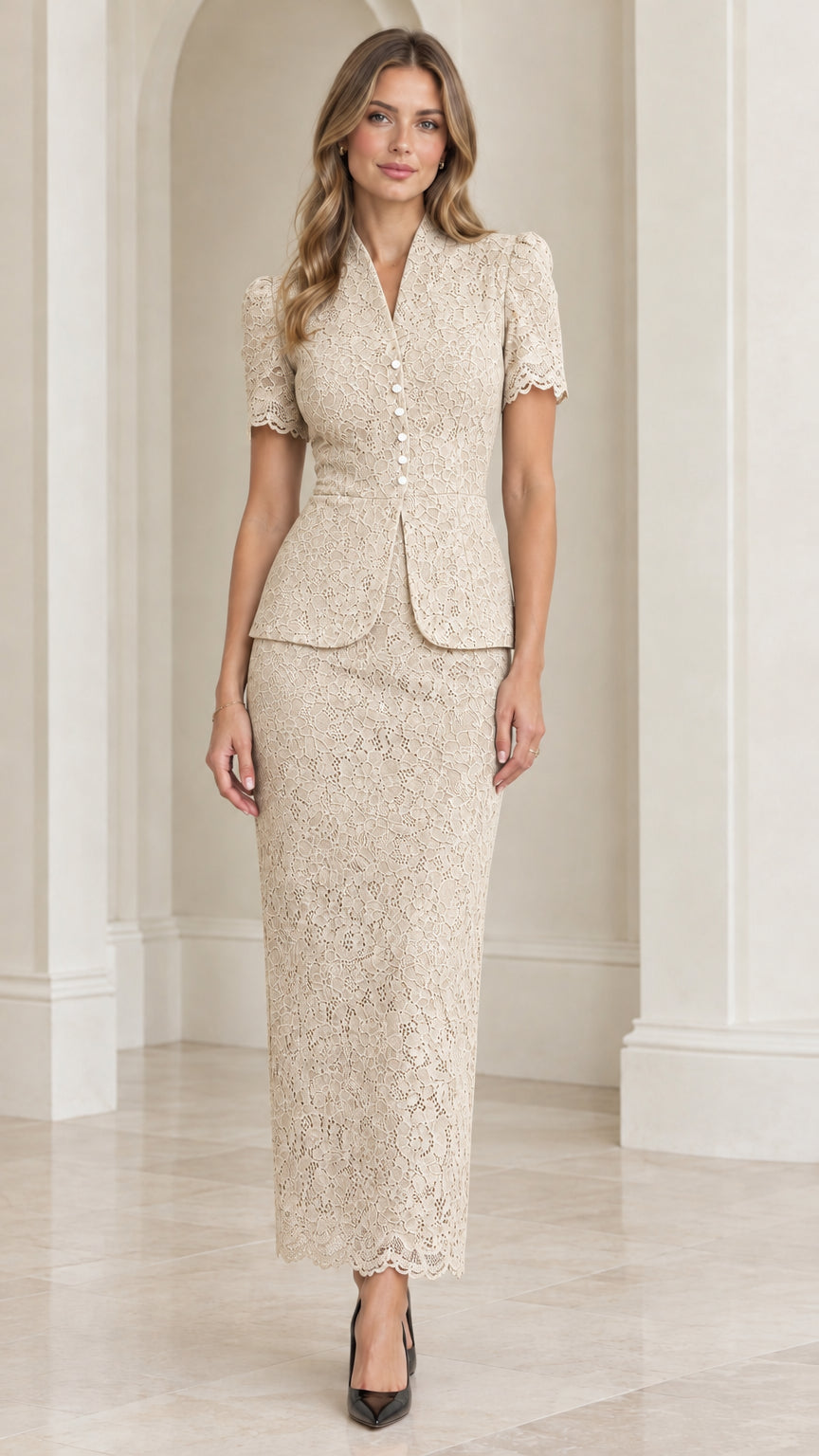 Front view of model wearing champagne beige floral lace peplum skirt set