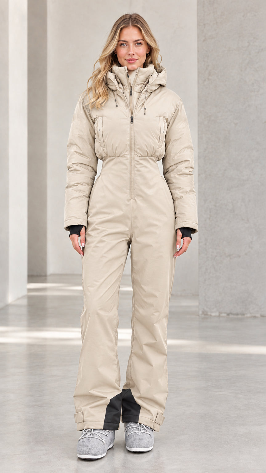 Front view of woman wearing sand beige hooded one-piece ski suit