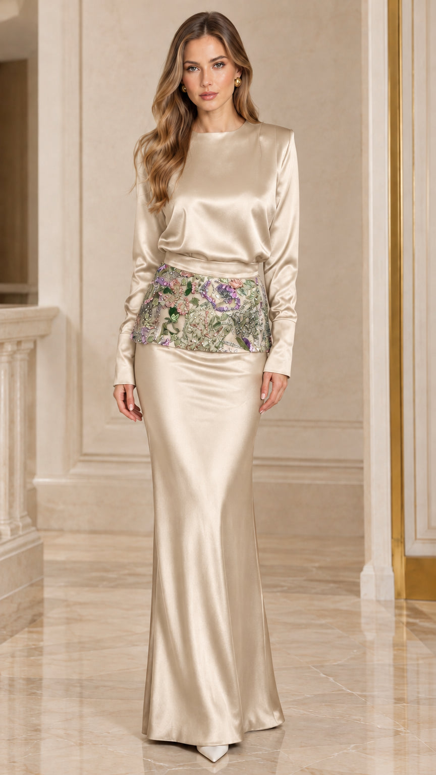Champagne gold long sleeve satin evening maxi dress with embroidered waist accent