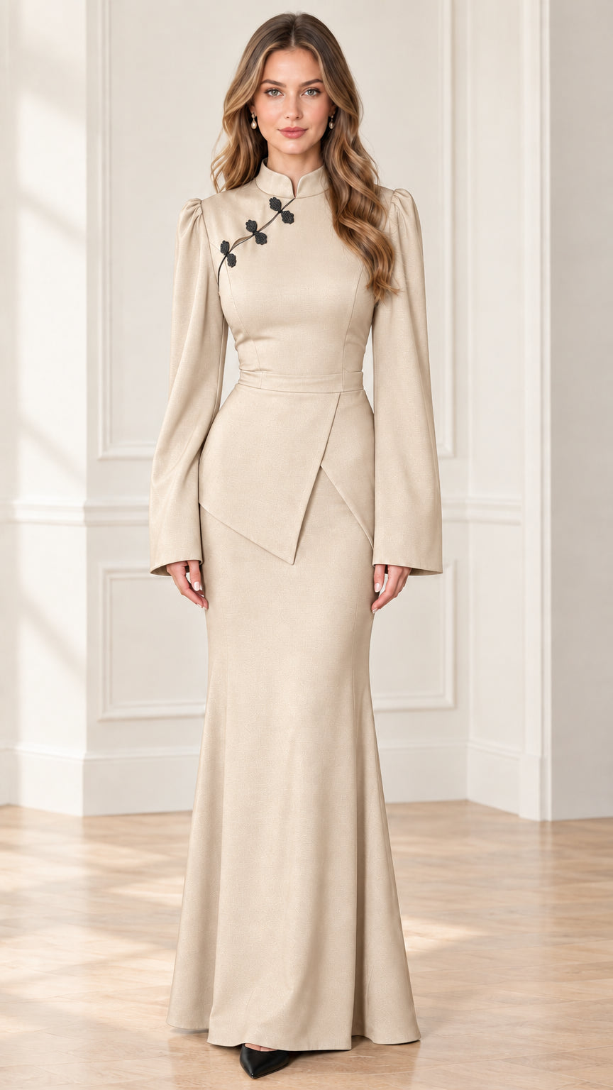 Full-length view of champagne beige mandarin collar long sleeve evening dress