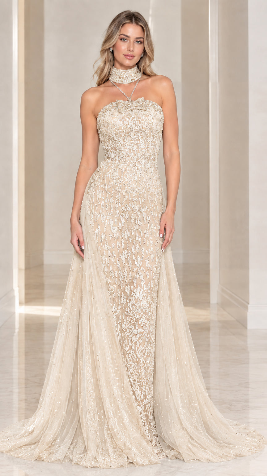 Model wearing Champagne gold lace strapless formal gown with sweeping train