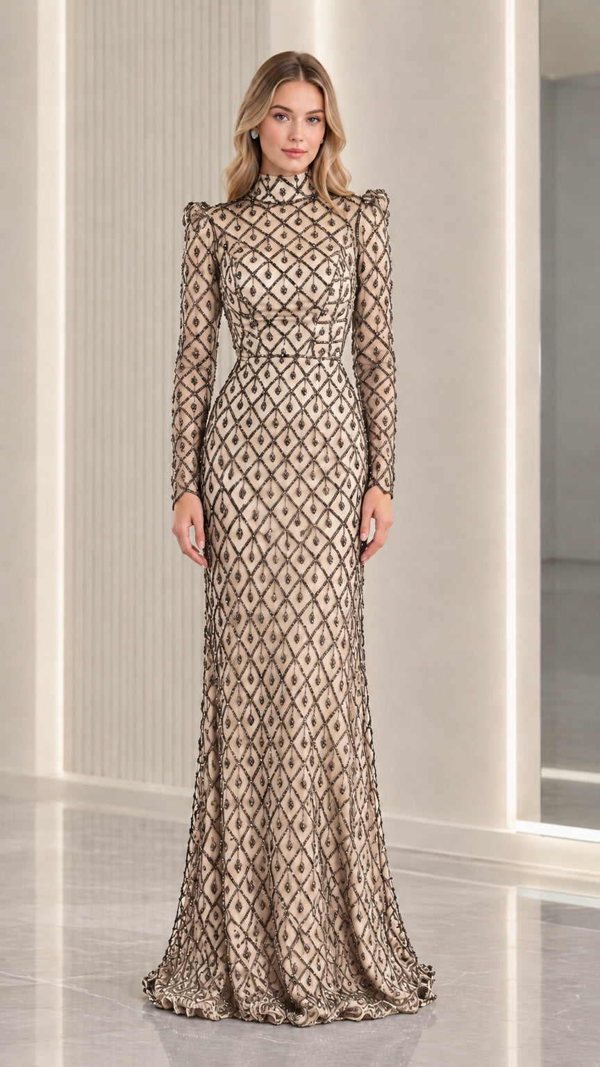 Champagne gold beaded long sleeve formal gown front view