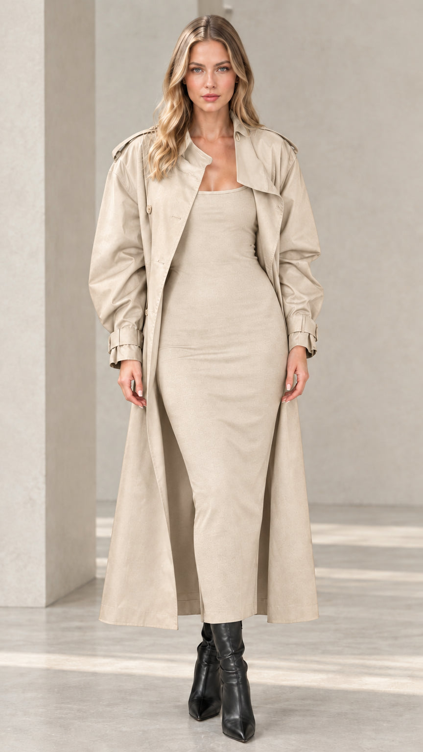 Full front view of women's classic beige sand maxi trench coat styled with black boots